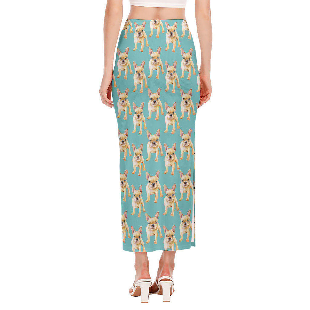 Watercolor French Bulldog Puppy Print Side Slit Maxi Skirt