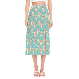 Watercolor French Bulldog Puppy Print Side Slit Midi Skirt