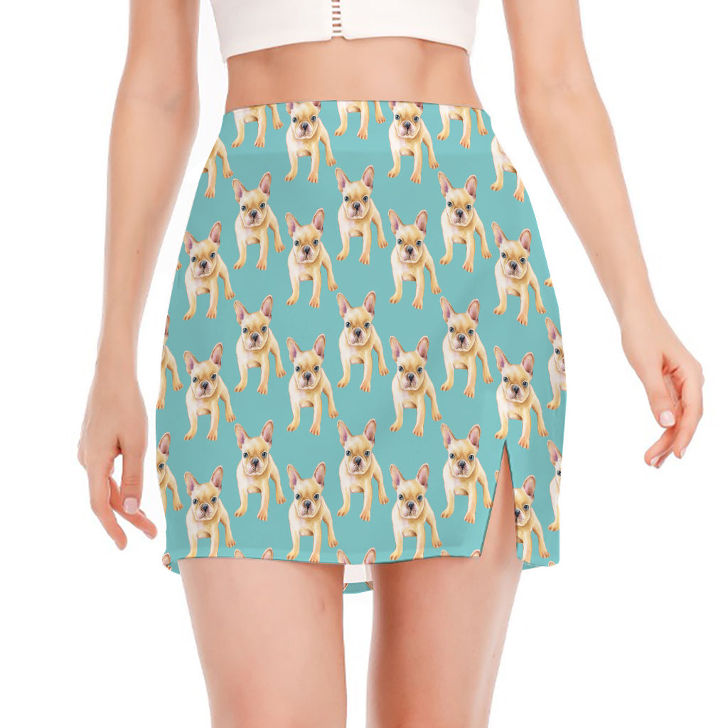 Watercolor French Bulldog Puppy Print Side Slit Mini Skirt