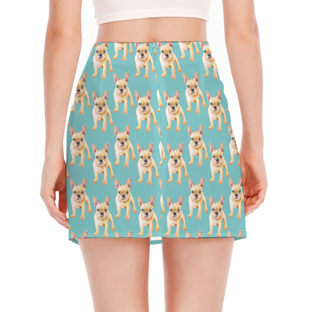 Watercolor French Bulldog Puppy Print Side Slit Mini Skirt