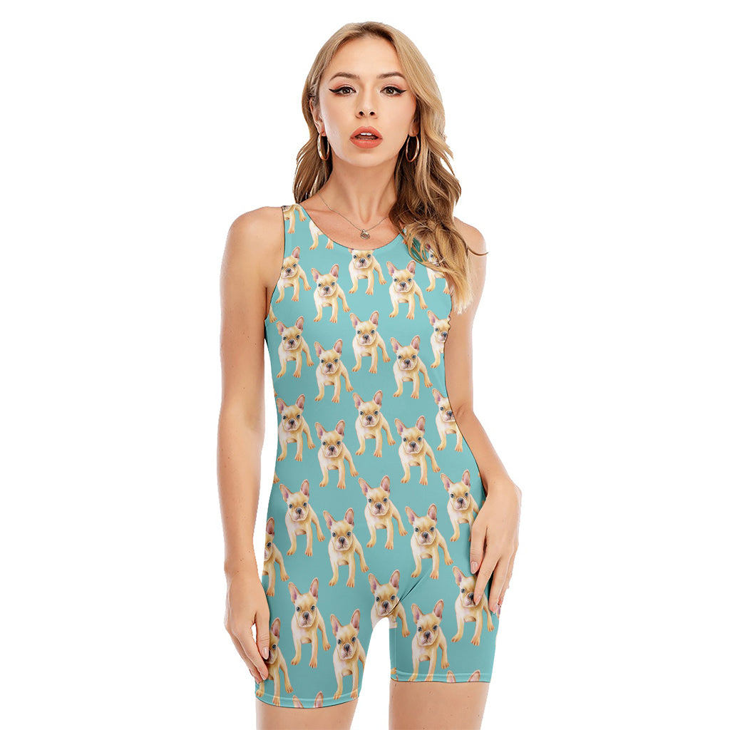 Watercolor French Bulldog Puppy Print Sleeveless One Piece Swimsuit