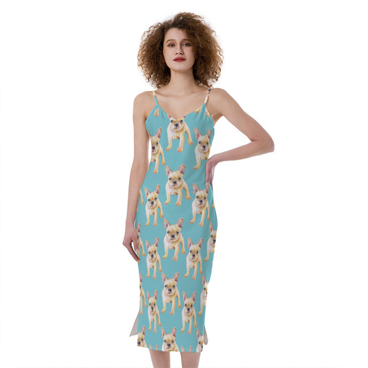 Watercolor French Bulldog Puppy Print Slim Fit Midi Cami Dress