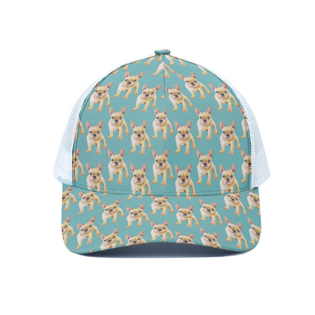 Watercolor French Bulldog Puppy Print White Mesh Trucker Cap