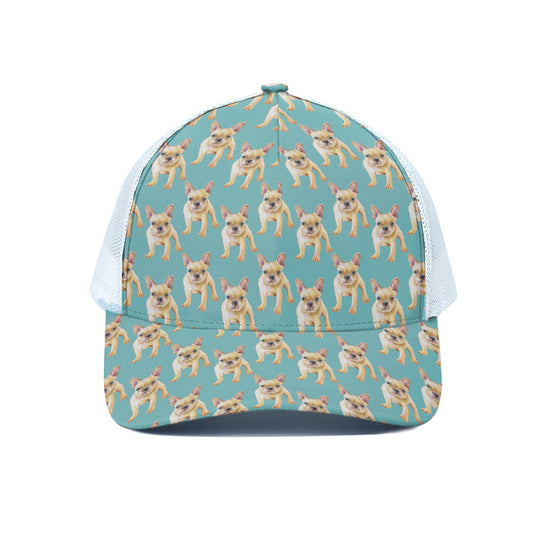 Watercolor French Bulldog Puppy Print White Mesh Trucker Cap