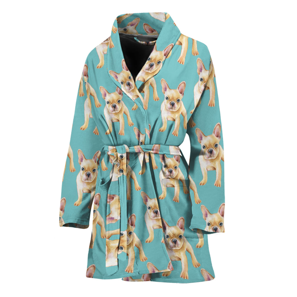 Watercolor French Bulldog Puppy Print Women's Bathrobe