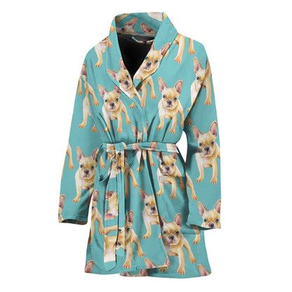 Watercolor French Bulldog Puppy Print Women's Bathrobe