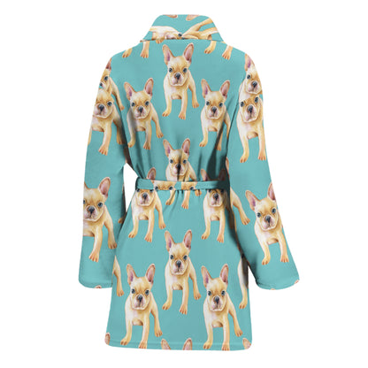 Watercolor French Bulldog Puppy Print Women's Bathrobe