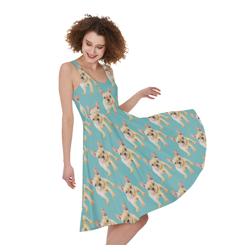 Watercolor French Bulldog Puppy Print Women's Sleeveless Dress
