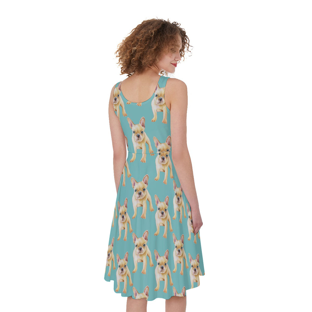 Watercolor French Bulldog Puppy Print Women's Sleeveless Dress