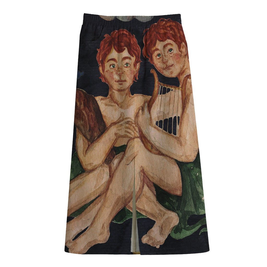 Watercolor Gemini Zodiac Sign Print Cotton Front Slit Maxi Skirt