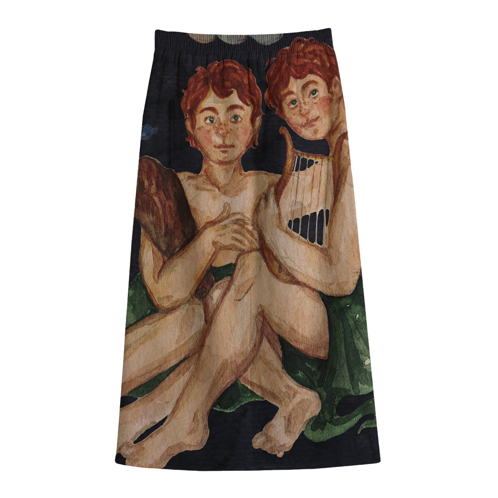 Watercolor Gemini Zodiac Sign Print Cotton Front Slit Maxi Skirt