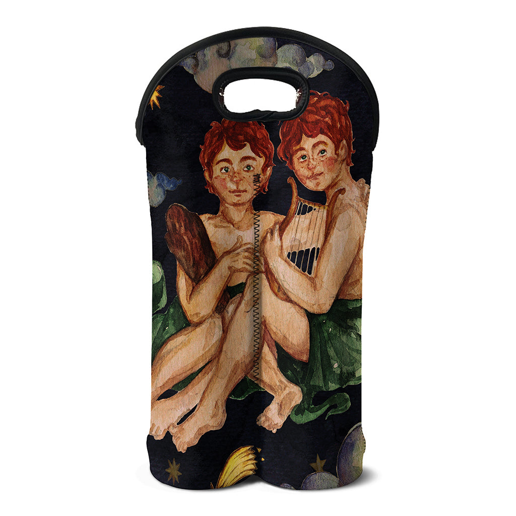 Watercolor Gemini Zodiac Sign Print Double Neoprene Wine Tote