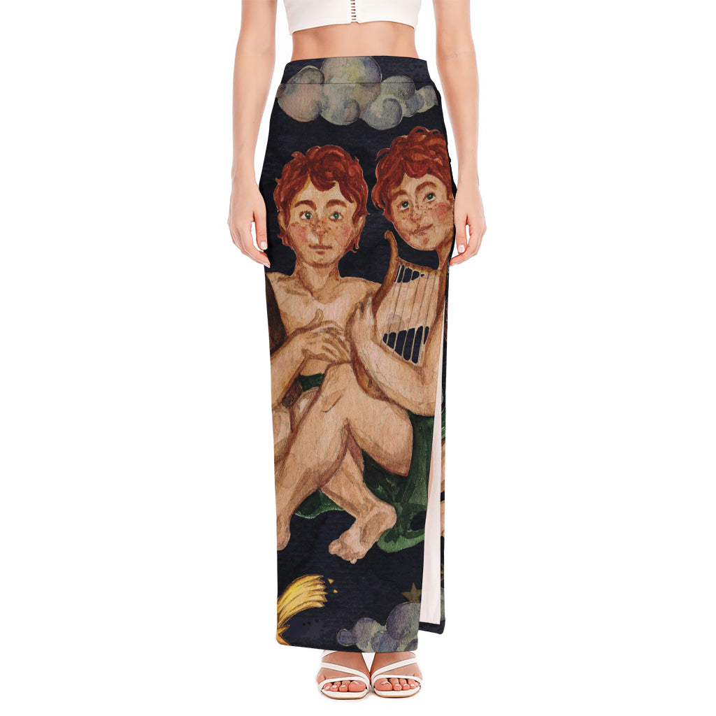 Watercolor Gemini Zodiac Sign Print High Slit Maxi Skirt