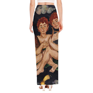 Watercolor Gemini Zodiac Sign Print High Slit Maxi Skirt