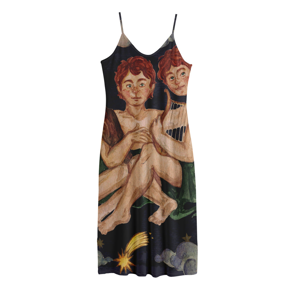 Watercolor Gemini Zodiac Sign Print Jersey Midi Cami Dress