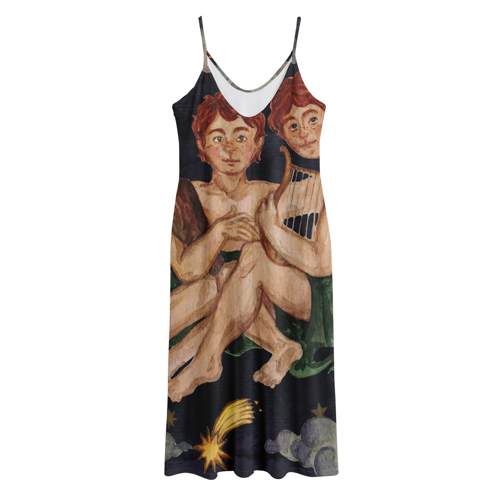 Watercolor Gemini Zodiac Sign Print Jersey Midi Cami Dress