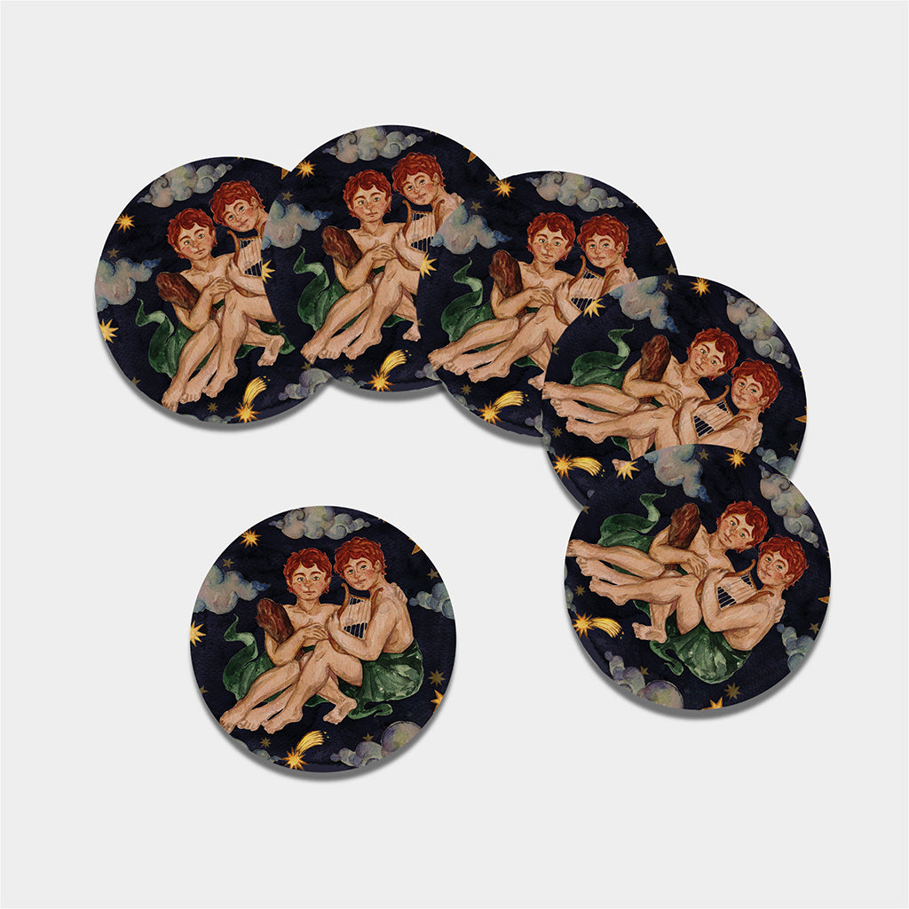 Watercolor Gemini Zodiac Sign Print Leather Coaster Set