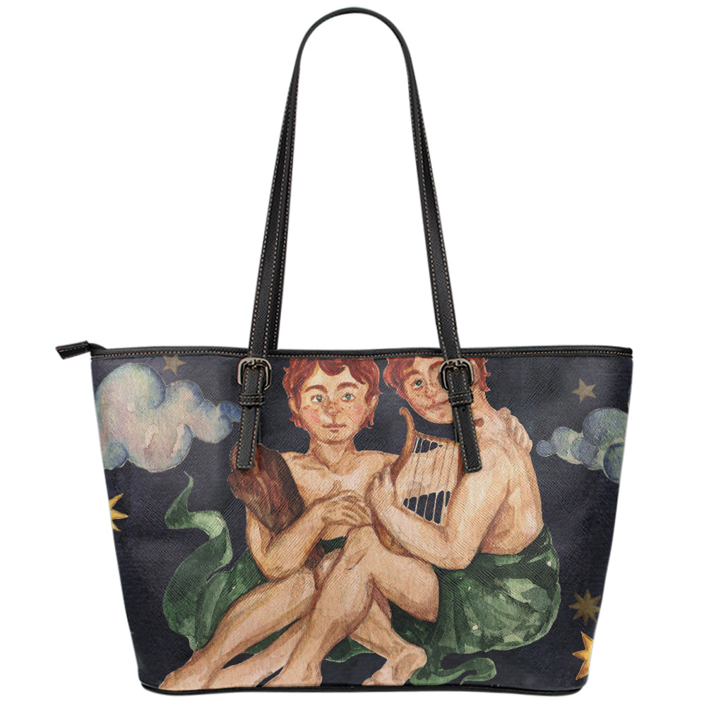 Watercolor Gemini Zodiac Sign Print Leather Tote Bag