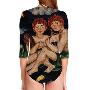 Watercolor Gemini Zodiac Sign Print Long Sleeve Swimsuit