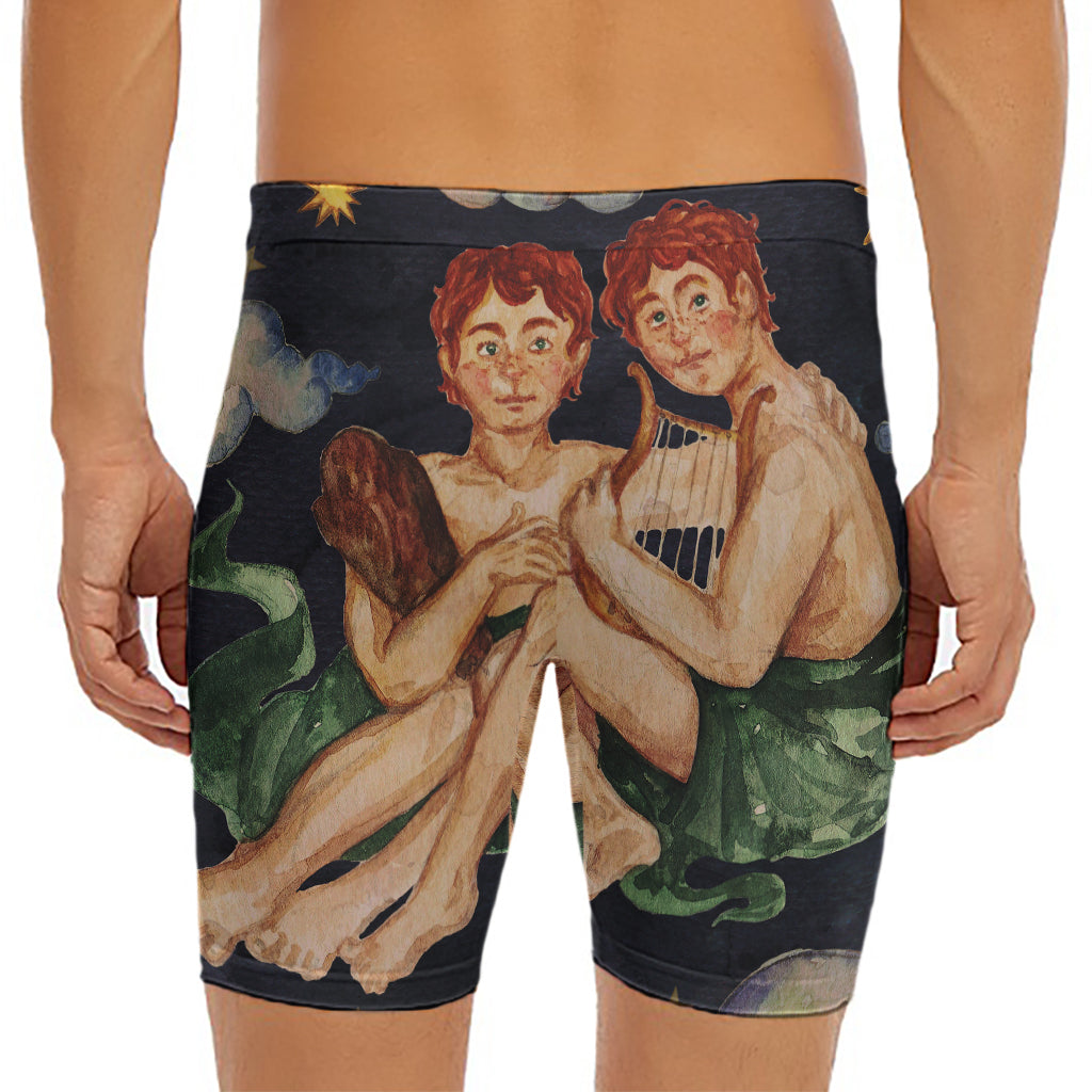 Watercolor Gemini Zodiac Sign Print Men's Long Boxer Briefs