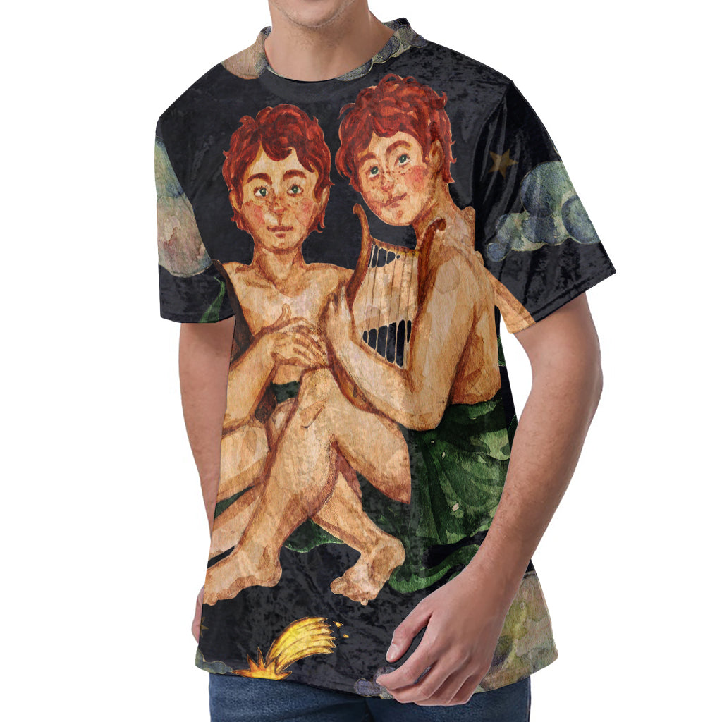 Watercolor Gemini Zodiac Sign Print Men's Velvet T-Shirt