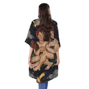 Watercolor Gemini Zodiac Sign Print Open Front Beach Cover Up