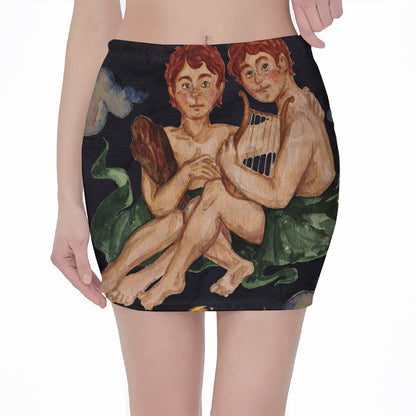 Watercolor Gemini Zodiac Sign Print Pencil Mini Skirt