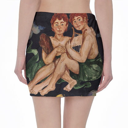 Watercolor Gemini Zodiac Sign Print Pencil Mini Skirt