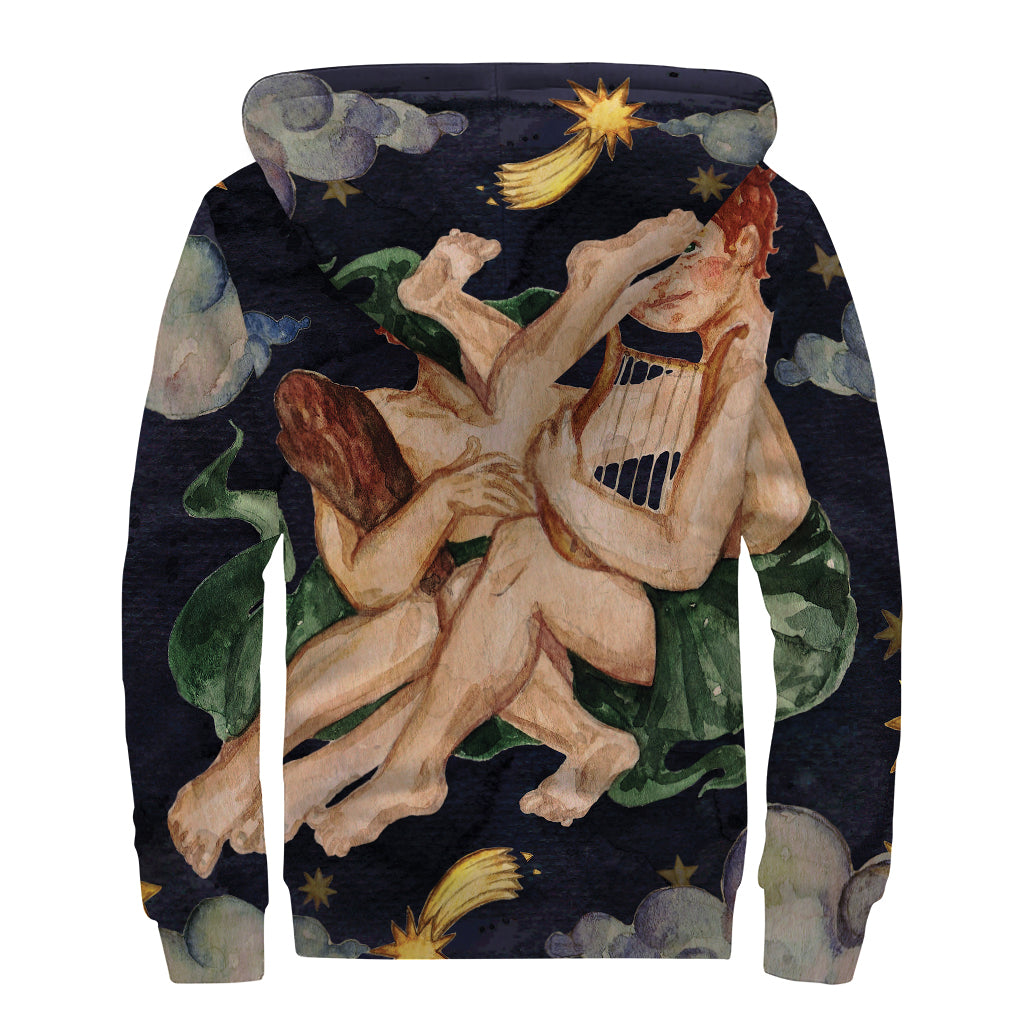 Watercolor Gemini Zodiac Sign Print Sherpa Lined Zip Up Hoodie