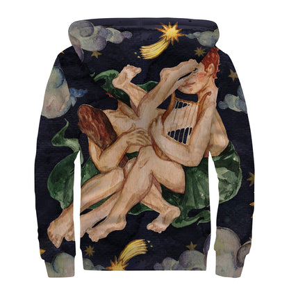 Watercolor Gemini Zodiac Sign Print Sherpa Lined Zip Up Hoodie