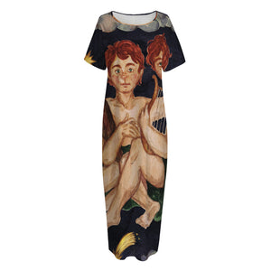 Watercolor Gemini Zodiac Sign Print Short Sleeve Long Nightdress