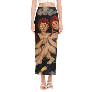 Watercolor Gemini Zodiac Sign Print Side Slit Maxi Skirt