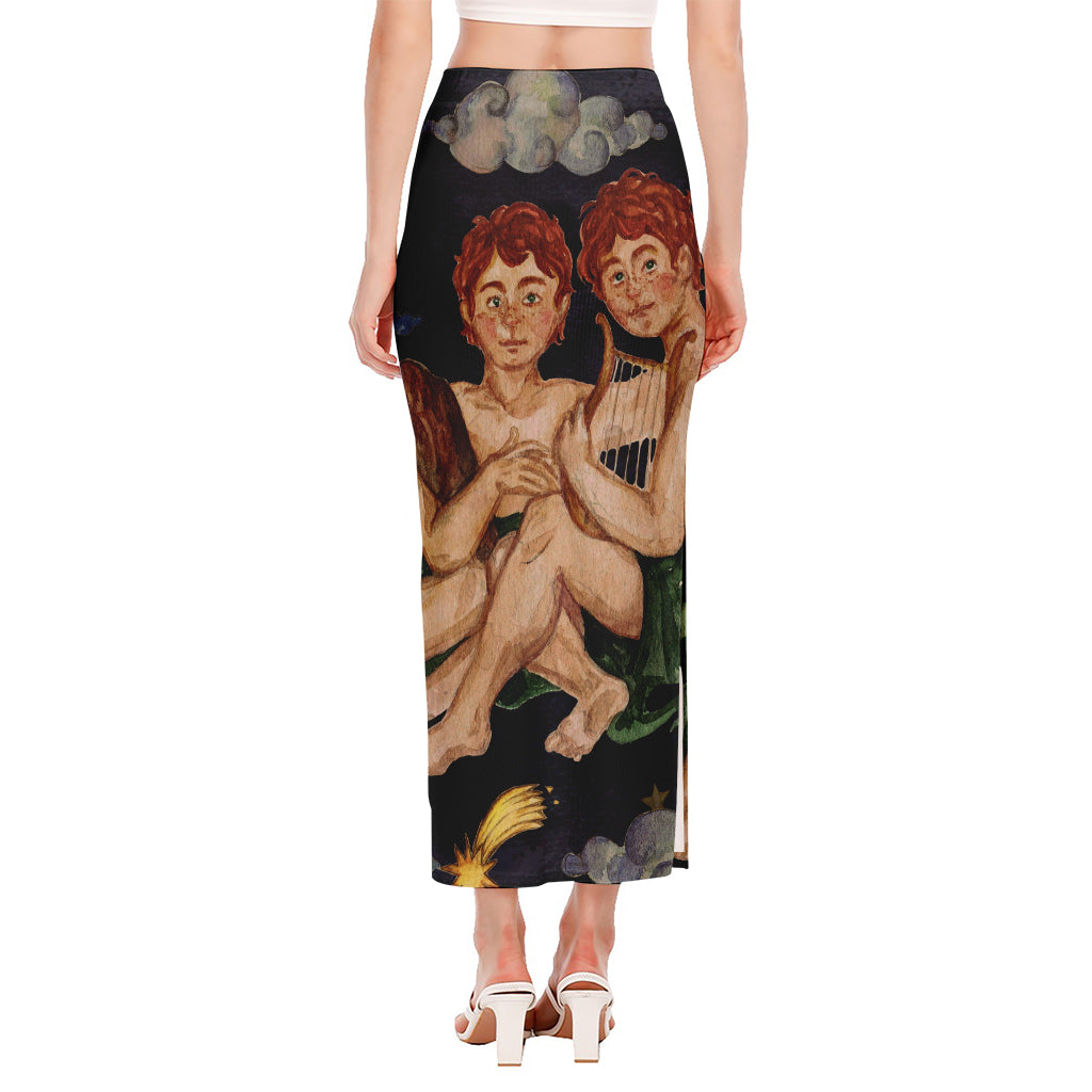 Watercolor Gemini Zodiac Sign Print Side Slit Maxi Skirt