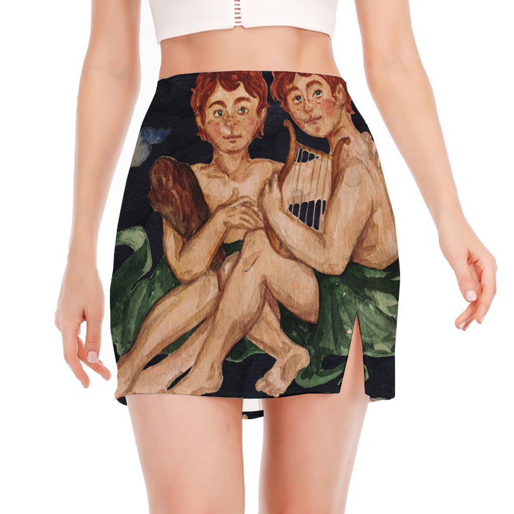 Watercolor Gemini Zodiac Sign Print Side Slit Mini Skirt