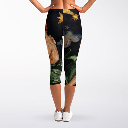 Watercolor Gemini Zodiac Sign Print Women's Capri Leggings