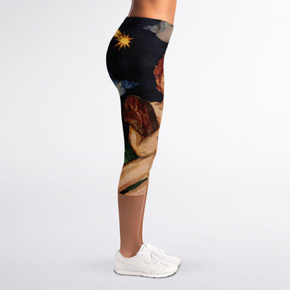 Watercolor Gemini Zodiac Sign Print Women's Capri Leggings