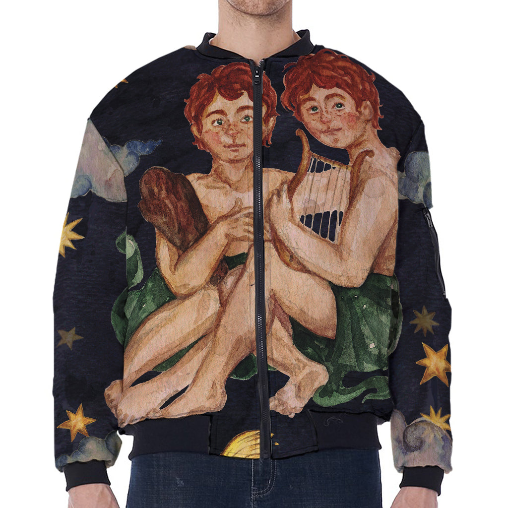 Watercolor Gemini Zodiac Sign Print Zip Sleeve Bomber Jacket