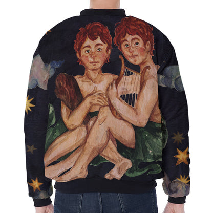 Watercolor Gemini Zodiac Sign Print Zip Sleeve Bomber Jacket