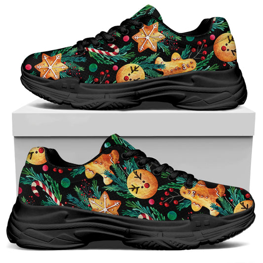 Watercolor Gingerbread Pattern Print Black Chunky Shoes