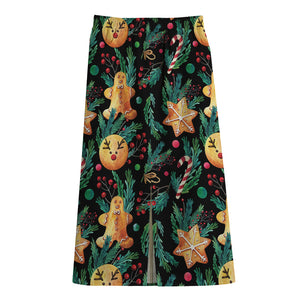 Watercolor Gingerbread Pattern Print Cotton Front Slit Maxi Skirt