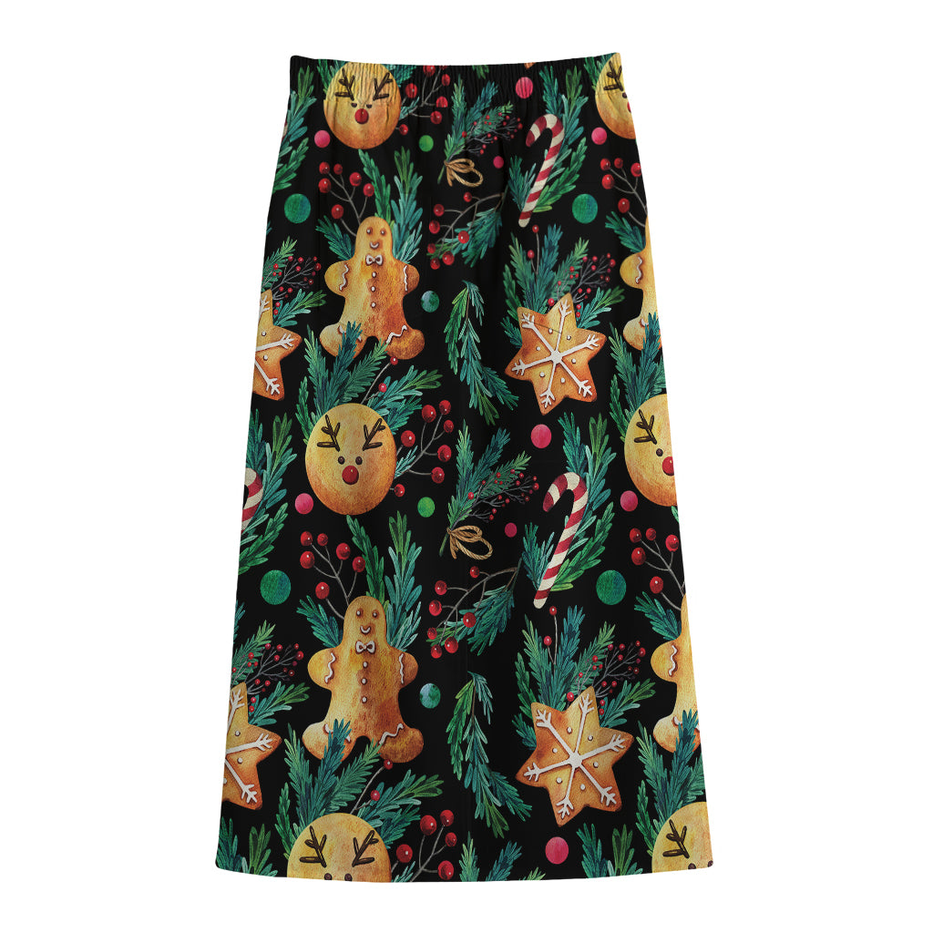 Watercolor Gingerbread Pattern Print Cotton Front Slit Maxi Skirt