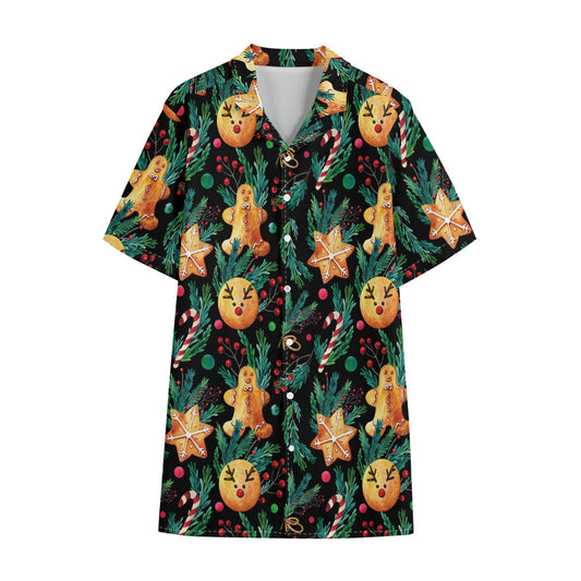 Watercolor Gingerbread Pattern Print Cotton Hawaiian Shirt