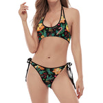 Watercolor Gingerbread Pattern Print Halter Scoop Tie Side Bikini