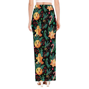 Watercolor Gingerbread Pattern Print High Slit Maxi Skirt