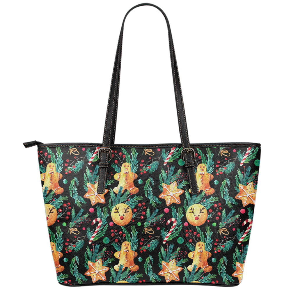 Watercolor Gingerbread Pattern Print Leather Tote Bag