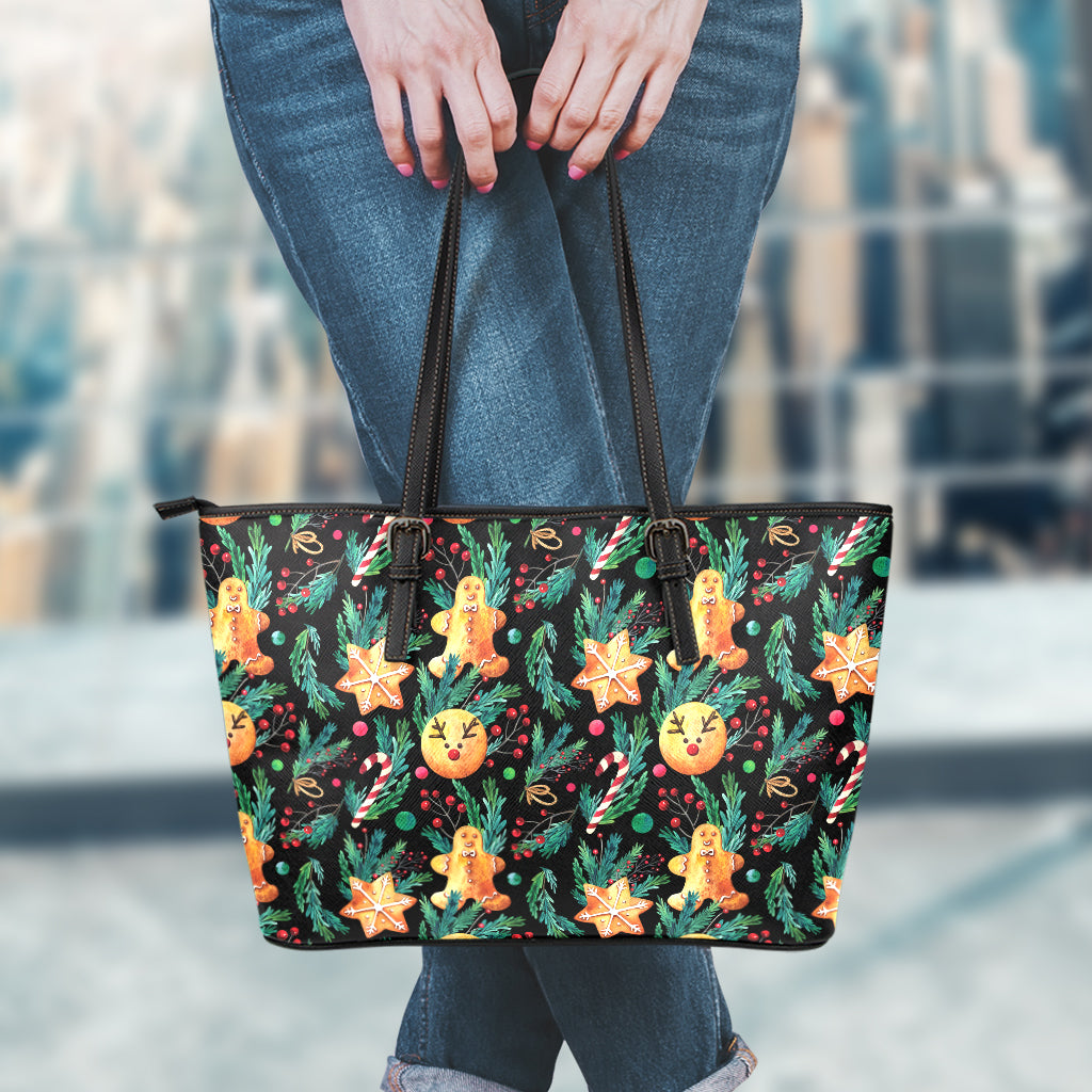 Watercolor Gingerbread Pattern Print Leather Tote Bag