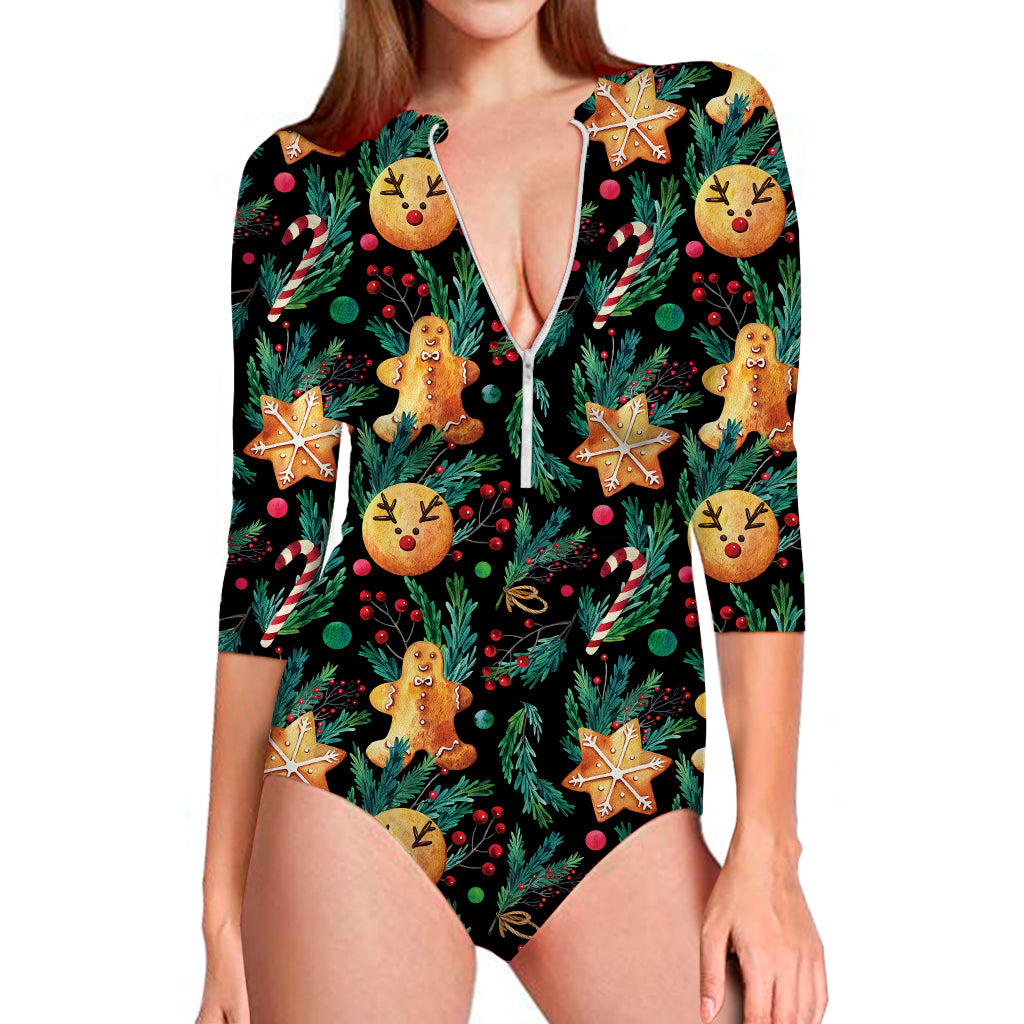 Watercolor Gingerbread Pattern Print Long Sleeve Swimsuit