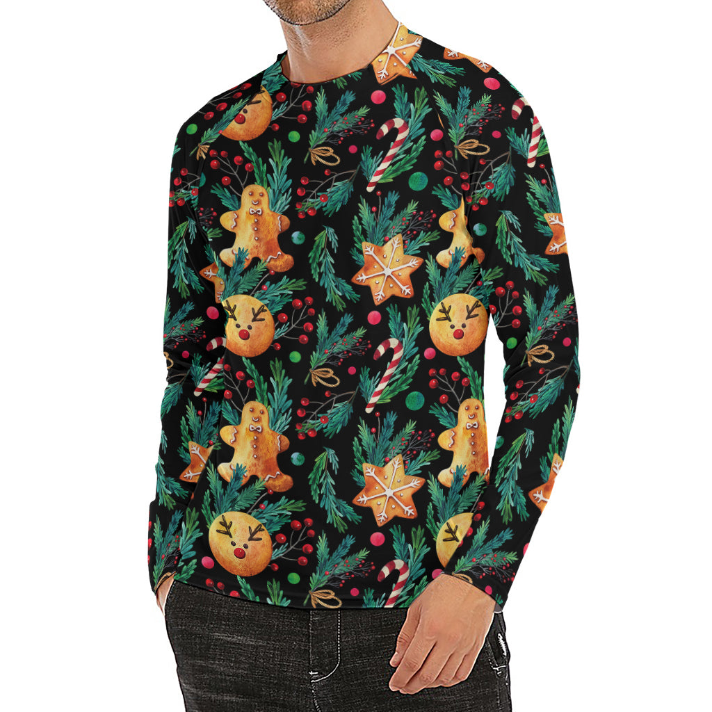 Watercolor Gingerbread Pattern Print Men's Long Sleeve Rash Guard