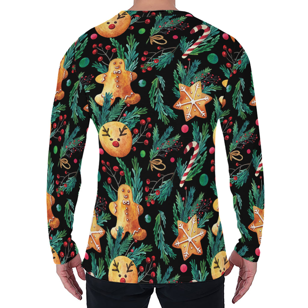 Watercolor Gingerbread Pattern Print Men's Long Sleeve T-Shirt