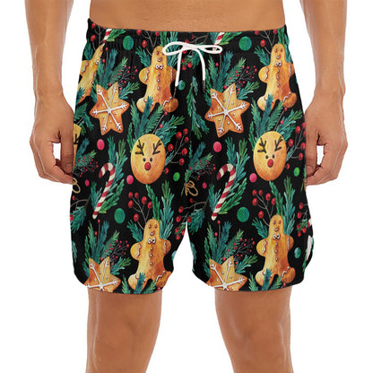 Watercolor Gingerbread Pattern Print Men's Split Running Shorts